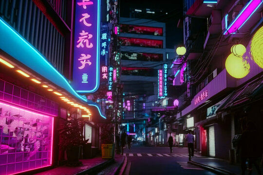 Colorful Asian neon light street with purple neon signs at night, generative ai