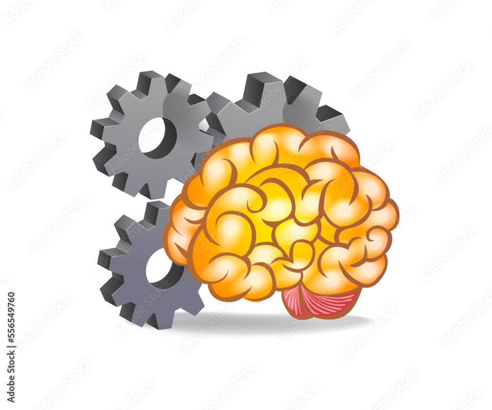 Poster flat isometric 3d illustration of gears with human brain symbol of artificial intelligence