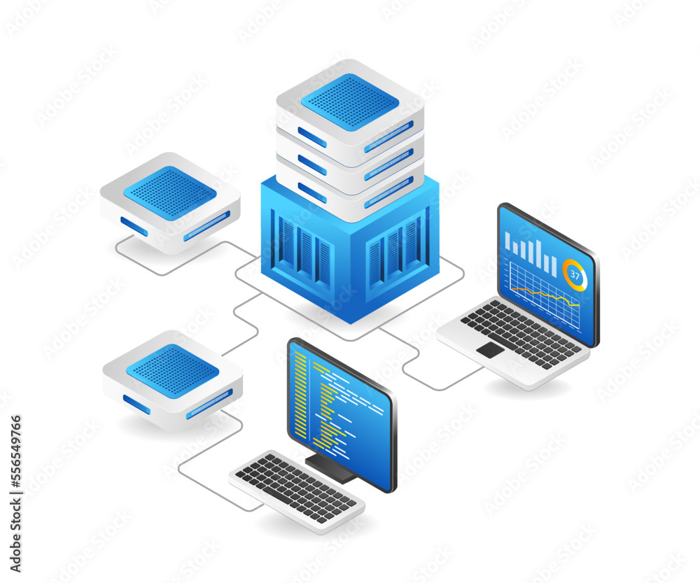 Poster flat isometric 3d illustration technology server network concept