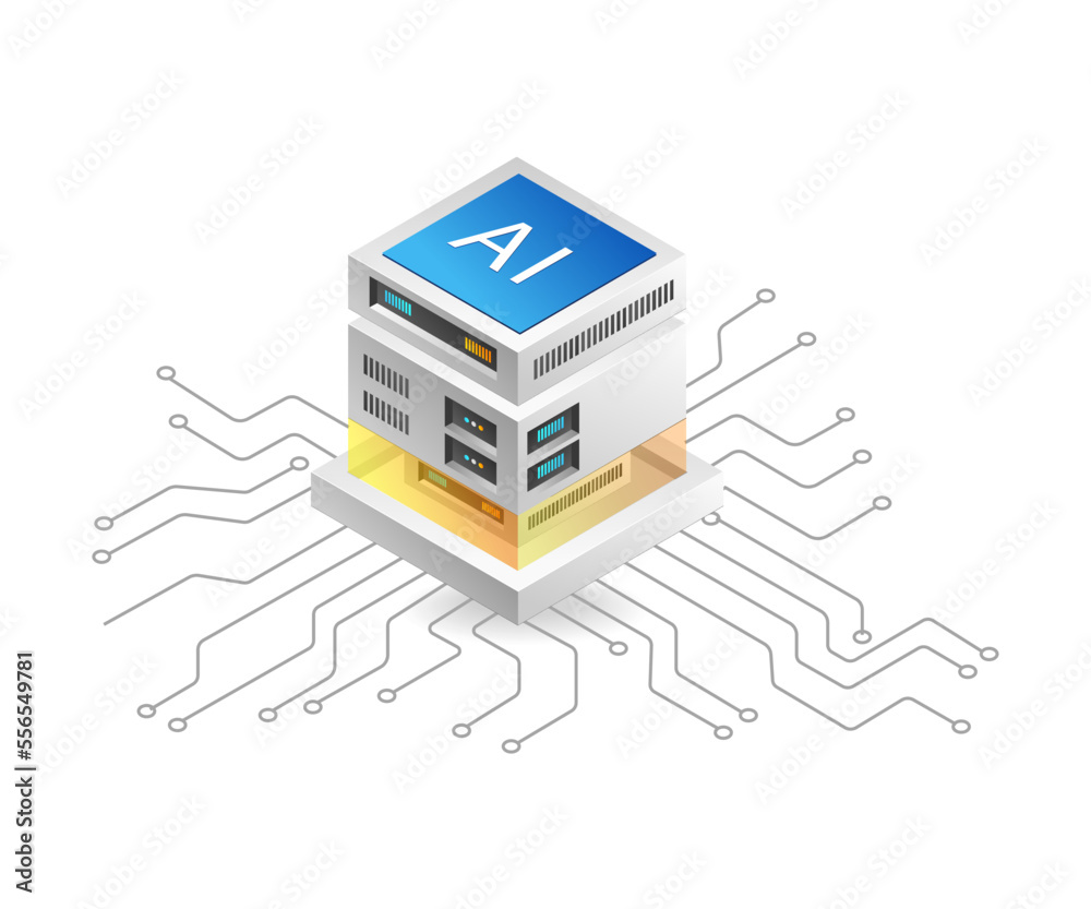 Poster flat isometric 3d illustration technology server artificial intelligence chip concept