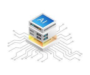 Flat isometric 3d illustration technology server artificial intelligence chip concept