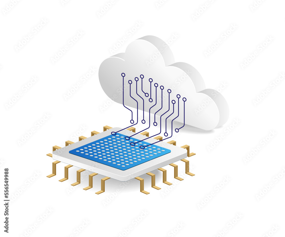 Poster flat isometric 3d illustration of cloud server chip network concept