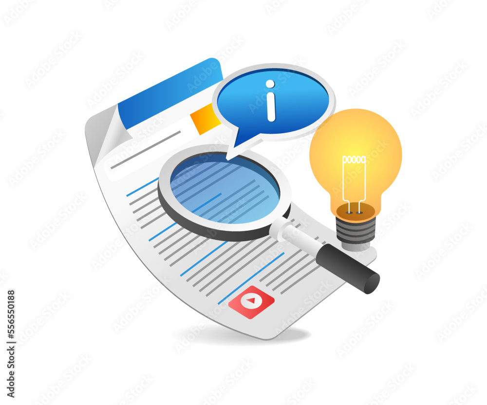 Poster flat isometric 3d illustration looking for information and ideas in a search engine