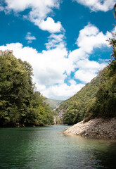 Matka canyon in North Macedonia near Skopje, Matka Lake and  mountain view with sky, vertical