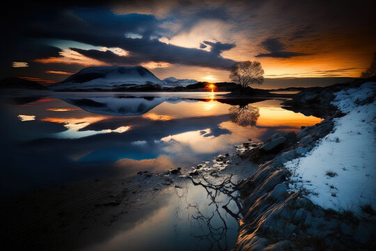 Stavern, Norway, had a mesmerizingly beautiful dawn over the shore. Generative AI