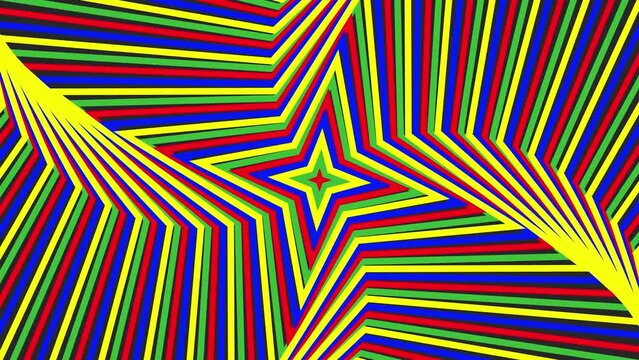 Colored spin quadrangular star simple flat geometric on dark grey black background loop. Color starry spinning radio waves endless creative animation. 