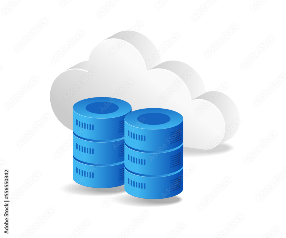 Poster Flat isometric 3d illustration of database concept with cloud server