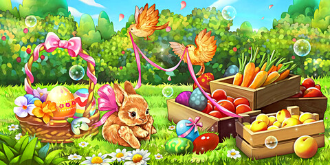 Happy Easter, decorative eggs, fruit, bunny and little birds in the garden