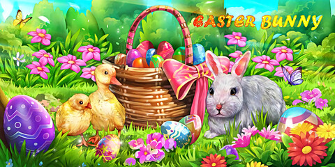 Fototapeta premium Happy Easter, decorative eggs, bunny and puppy in the flower garden