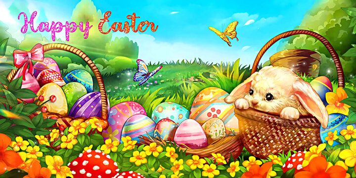 Happy Easter, decorative eggs, bunnies and butterflies in the flower garden