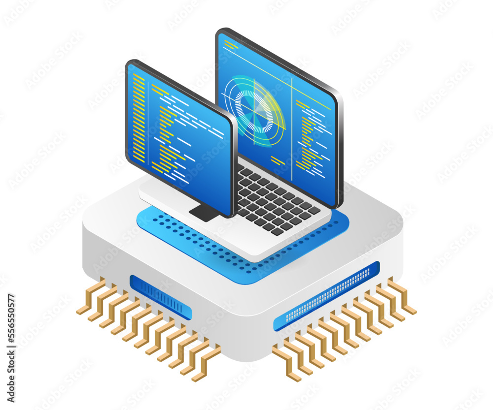 Poster Flat isometric 3d illustration concept of monitoring radar data chip program