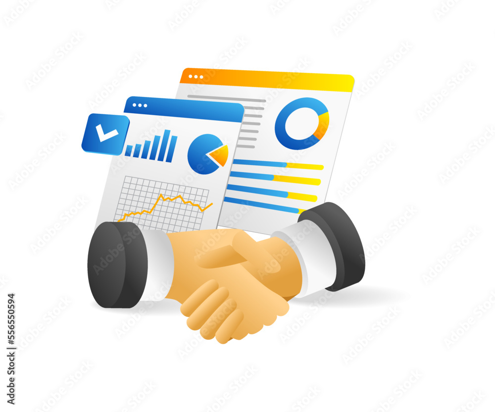 Poster flat isometric 3d illustration concept of handshake with business analysis deal