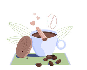 A cup of coffee and sweets with cinnamon stick and coffee beans around