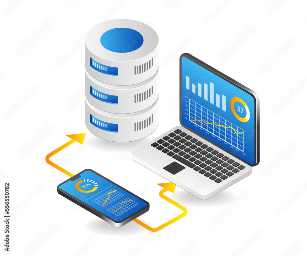 Poster Flat isometric 3d illustration database smartphone application analysis concept