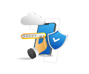 Flat isometric 3d illustration concept of entering cloud server security password