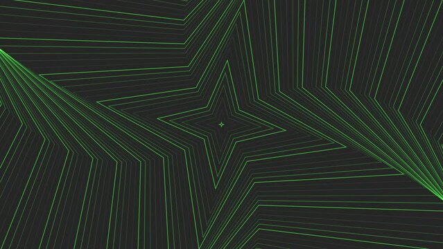 Green slim spin quadrangular star simple flat geometric on dark grey black background loop. Starry spinning radio waves endless creative animation. 