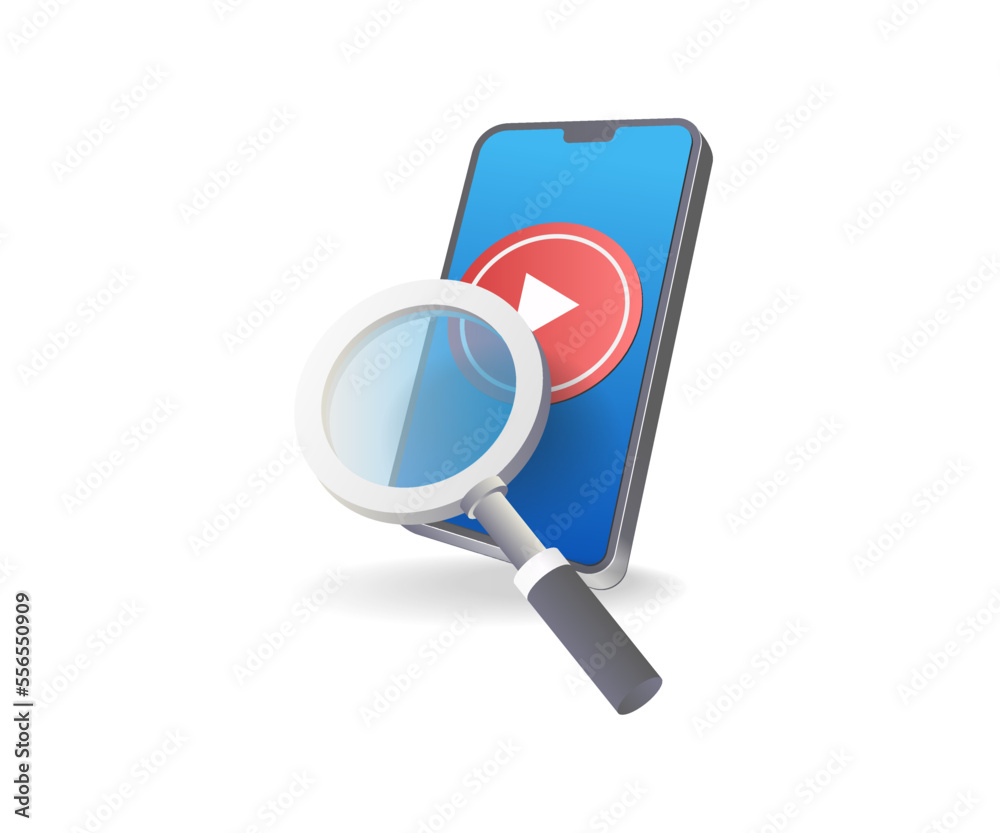 Poster flat isometric 3d illustration concept of searching video on smartphone