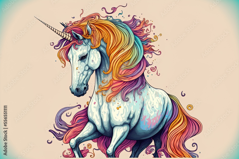 Wall mural Young cartoon pony unicorn. ideal children's greeting card, print t shirt, and fashionable artwork. Generative AI