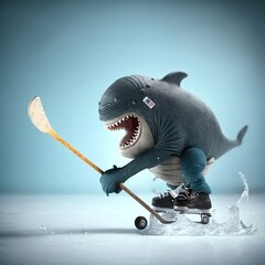 A shark tries to play ice hockey. Generative AI.
