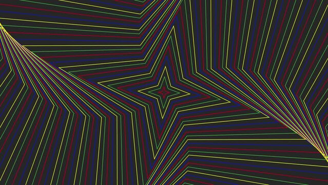 Color slim spin quadrangular star simple flat geometric on dark grey black background loop. Colored starry spinning radio waves endless creative animation. 