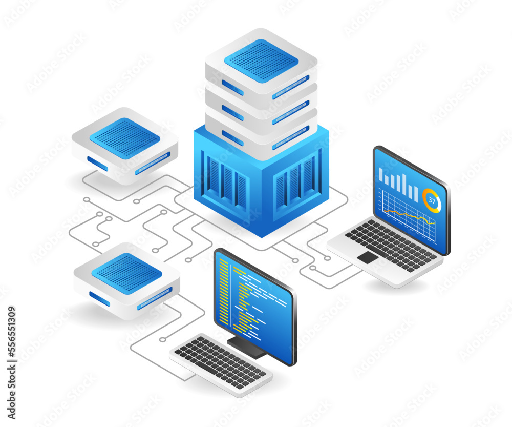 Aufkleber Flat isometric 3d illustration computer cloud server security program network concept