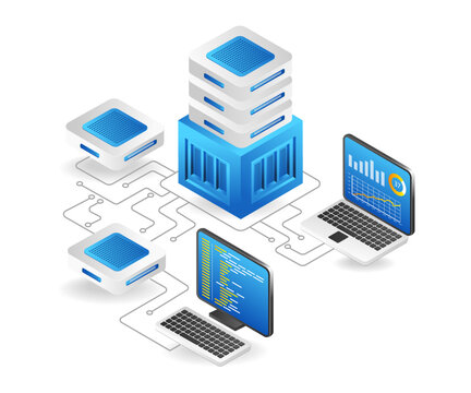 Flat isometric 3d illustration computer cloud server security program network concept