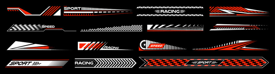 Sport car decal stripes. Car tuning stickers, speed racing stripes. Red markings for transport. Isolated on black background - obrazy, fototapety, plakaty