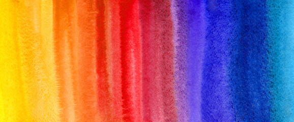 Bright colorful watercolor stains texture. Multicolored aquarelle striped text background. Hand drawn yellow, orange, red, violet, blue gradient. Watercolour stripes  painted abstract template.
