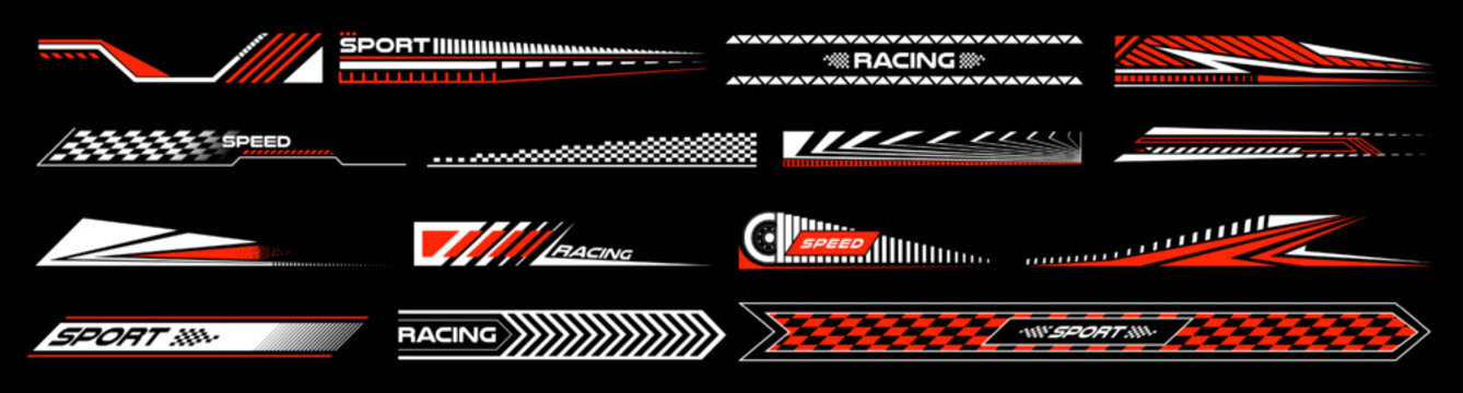 Sport car decal stripes. Car tuning stickers, speed racing stripes. Red markings for transport. Isolated on black background
