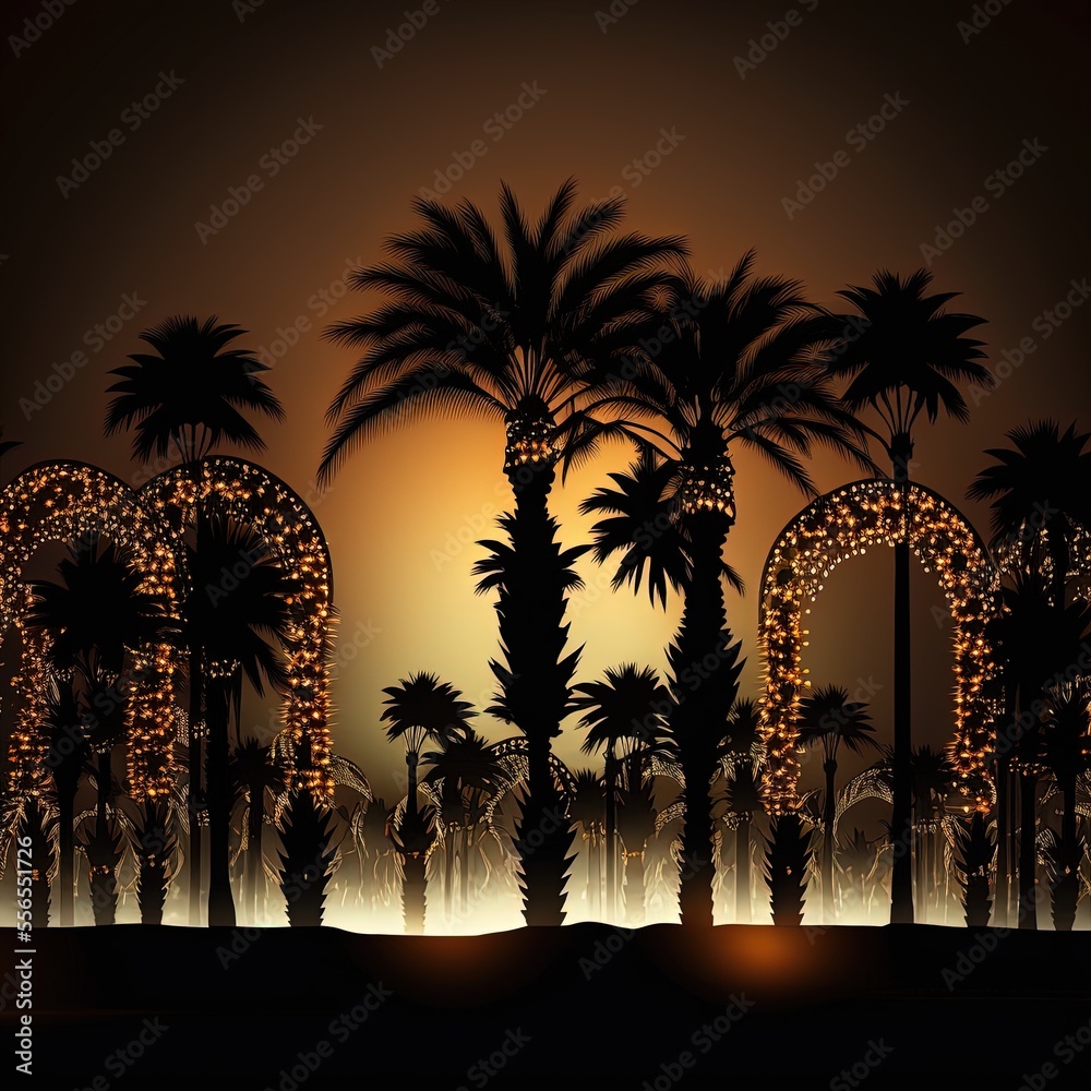 Wall mural silhouettes of palm trees decorated with christmas lights. generative ai.