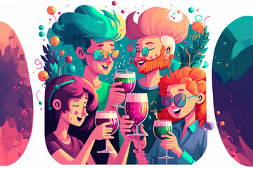 At a party, a group of joyful guys and girls are seen clinking glasses and enjoying some booze. A picture of two adorable, happy buddies having a party. cartoon styled, colorful image. Generative AI