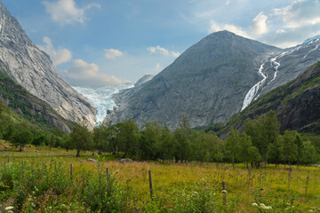 Fototapeta na wymiar Glacier Briksdal, Norway, National park Jostedalsbreen mountain landscape.