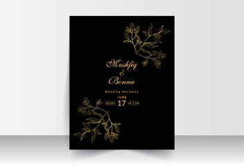 Box shaped outlined golden leaves weeding card