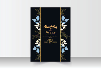 Golden wedding card with black background, blue, golden and white flower art