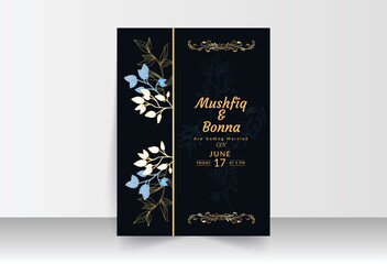 Black background wedding card with blue, golden and white flower art