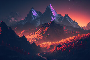 Fototapeta na wymiar Fantasy night mountain landscape, magic, art illustration