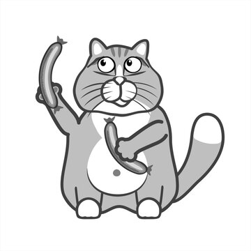 A fat cat with sausages. Funny cartoon character. Cute cartoon gray cat eats sausages. Vector illustration Isolated on white