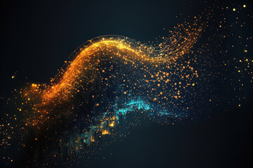 Background of an abstract digital data flow in blue and gold particles. Generative AI