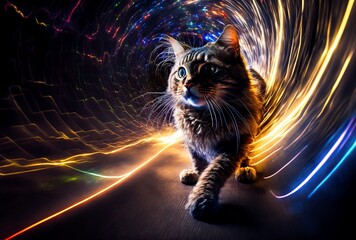 beautiful cat and neon lights, 3d illustration