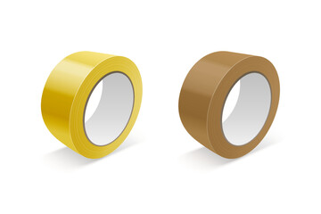 Vector 3d Realistic Glossy Yellow and Brown Tape Roll Icon Set, Mock-up Closeup Isolated on White Background. Design Template of Packaging Sticky Tape Roll or Adhesive Tape for Mockup. Front View