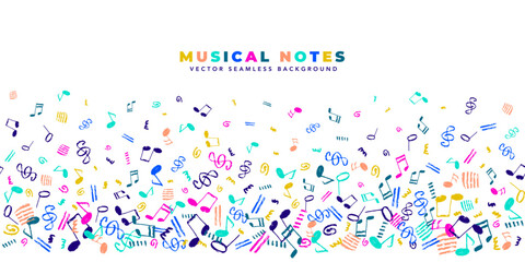 Fototapeta na wymiar Musical notes vector seamless background. Horizontal template with copy spacy and colorful hand-drawn musical elements border pattern.