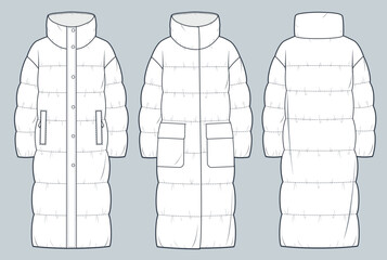 Set of Puffer Coats technical fashion Illustration. Down Jackets technical drawing template, roll neck, long sleeve, pocket, front and back view, white, women, men, unisex CAD mockup set. © Liubov Hladka