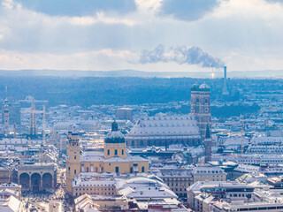 Aerial view of a wintry Munich cityscape