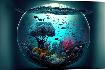 Coral reef underwater view, globe ocean animal landscape. Generative AI