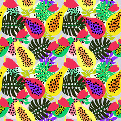 Tropical plants warm color theme seamless pattern including papaya, Monstera leaf, Anthurium leaf. Tropical flowers and fruit with warm colors seamless vector pattern.