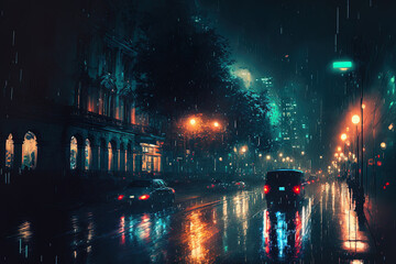 Obraz premium Rainy nighttime city streets, seen. Generative AI