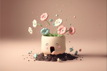 Hay fever: cute kawaii figure allergic to pollen of flowers, created with generative ai	 - obrazy, fototapety, plakaty