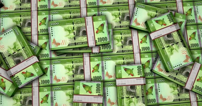 Sri Lanka money Sri Lankan Rupee banknotes 3d animation. Camera view from close to long distance. LKR money packs. Concept of inflation, economy, crisis, business, banking, debt and finance.