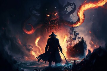 A pirate captain fighting a sea monster digital art