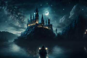 A boat going to a big castle at moonlit night